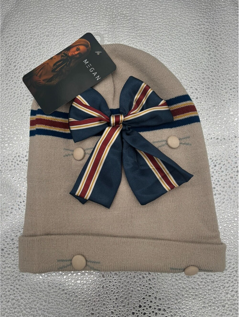 M3GAN Movie Women's Knit Beanie Hat Beige Striped Bow One Size